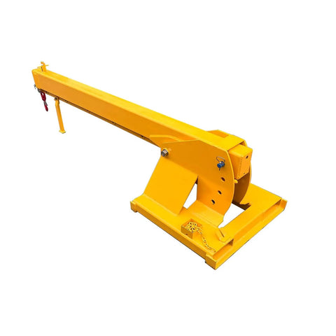 Forklift Jib Boom Crane With 6000 Lb Capacity, Adjustable Telescopic Boom, Dual Hook Hoist, 0 To 75 Degree Tilt, Rock Solid Steel Mobile Crane Rig - yellow steel jib boom with adjustable arm.