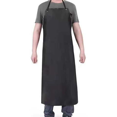 Person wearing a black Waterproof Rubber Vinyl Long Work Apron 43 Inch Adjustable Bib For Dishwashing Kitchen Lab Butcher Garden And Dog Grooming One Pack Heavy Duty Grime Guard That Keeps Grease Spills And Stains Off Your Clothes