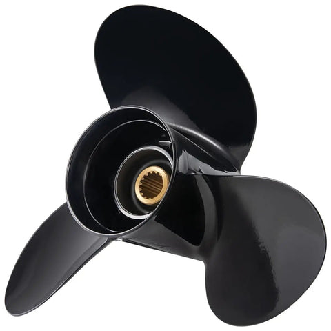 Beefy Aluminum 14X17 Boat Propeller For Outboard 50-140HP, 15-Spline, 3-Blade, Right Rotation, black color close-up