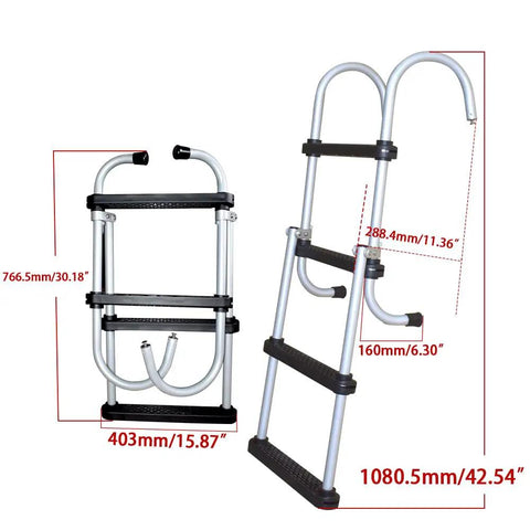 4 Step Aluminum Boat Ladder With Removable Folding Design, Beefy Heavy Duty Marine Stepladder, Durable Aluminum Build Handles Up To 500 Lbs, Easy Storage For Boats, Yachts, Pontoon, Ships, And Fresh Or Salt Water Use, shown folded and open with measurements