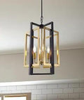 Black And Gold Metal Farmhouse Chandelier With 4 Lights Geometric Cage Pendant Light for hallways and living rooms.