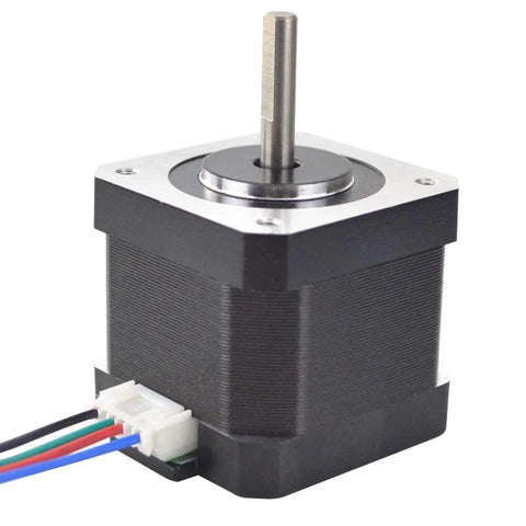 NEMA 17 stepper motor with 39mm body, black housing, 4-lead wiring and protruding shaft