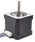 Front view of a Nema 17 stepper motor with a 39mm square black body and silver mounting face, 4-lead cable.