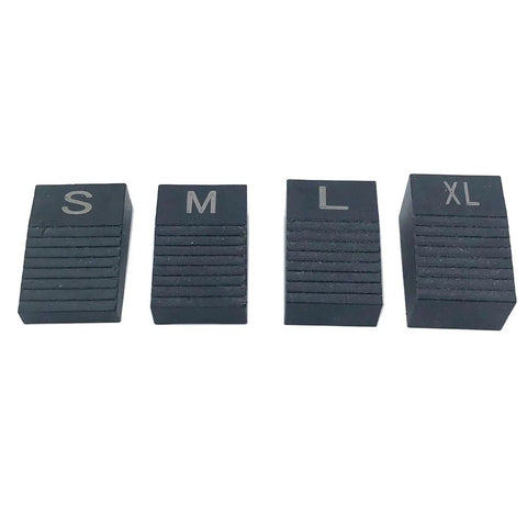 Set of 4 heavy duty plastic tremolo alignment wedges labeled S, M, L, XL for electric guitar setup.