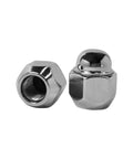 Infiniti Nissan Wheel Lug Nuts Set 5 Pack M12x125 BeefedUp Heavy Duty TenPointNine Steel, two chrome lug nuts front view