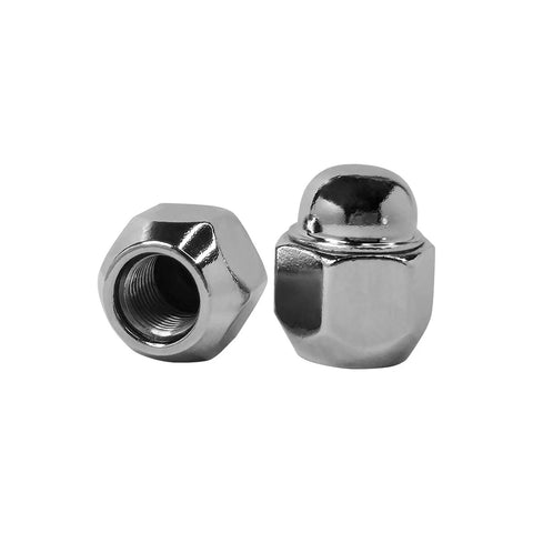 Infiniti Nissan Wheel Lug Nuts Set 5 Pack M12x125 BeefedUp Heavy Duty TenPointNine Steel, two chrome lug nuts front view
