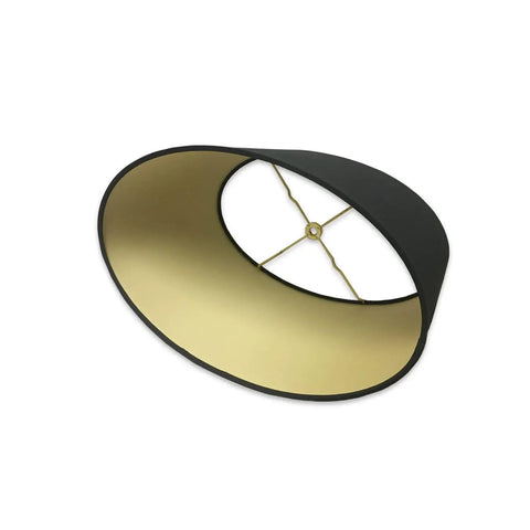 Shallow Oval Hardback Lamp Shade Top 12 By 8 Inches Bottom 14 By 10.5 Inches Height 8.5 Inches Black Silk Type Exterior With Premium Gold Lining V Notch Fitter For 6 And 8 Inch Reflector Bowls