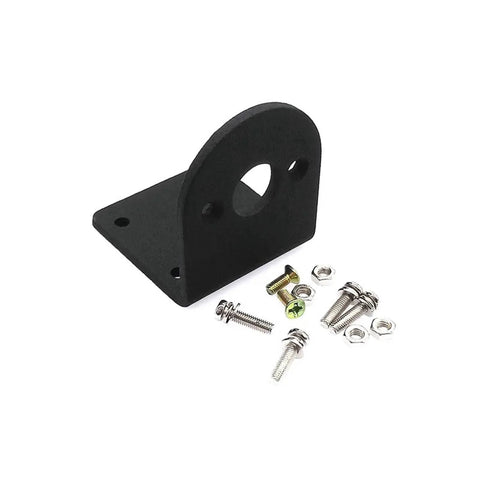 Motor mounting bracket; front view, black L-shaped aluminum with circular hole and included screws/nuts.