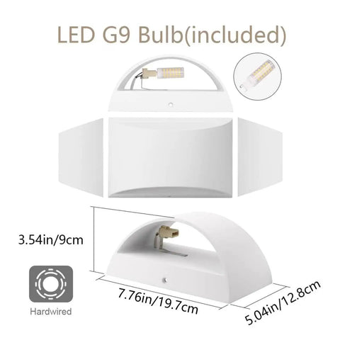 Aluminum Modern Indoor LED Wall Sconce Up And Down Mount Light 3000K G9 Bulb Included Front and Side View Dimensions