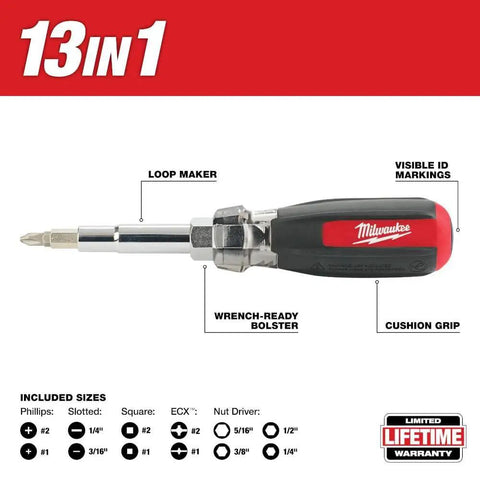 Thirteen In One Cushion Grip Screwdriver Set With Eight Driver Bits And Four Nut Drivers for various home projects.