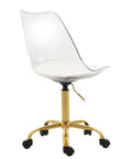 Clear Ergonomic Office Chair With Plush Seat Pad Smooth Swivel Rolling Base Height Adjustable Transparent Acrylic Shell side view with gold base