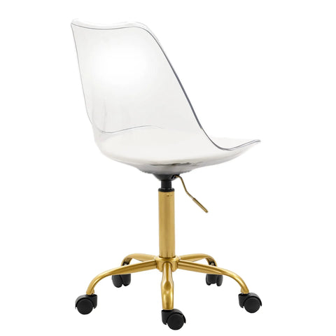 Clear Ergonomic Office Chair With Plush Seat Pad Smooth Swivel Rolling Base Height Adjustable Transparent Acrylic Shell side view with gold base