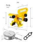 Yellow Beast Pro Grade Bike Wheel Truing Stand with percentage table, silicone belt, and precision adjustment tool, sizes labeled