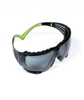 Badadv Protection Rock Solid Safety Glasses 400 Series Featuring Sweet Dual Material Temples and Slip Proof Soft Nosepiece Gray lightweight safety glasses at an angle.