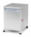Top Shelf Heavy Duty Dual Frequency Ultrasonic Cleaner With Smart Digital Controls Built In Heater And Programmable Timer, compact size with wheels.