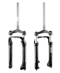 Syvrac Aluminum Suspension Fork For 20 Inch Fat Bikes And Snow Mountain Ebikes, front and side view, 4.0 tire ready.