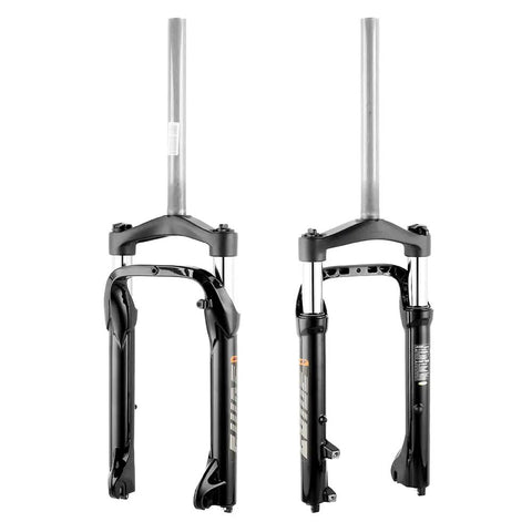 Syvrac Aluminum Suspension Fork For 20 Inch Fat Bikes And Snow Mountain Ebikes, front and side view, 4.0 tire ready.