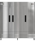 80 Inch Commercial Reach In Refrigerator Triple Door Stainless Steel Kitchen MVP featuring sleek silver finish and handles.