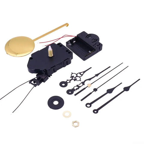 DIY Clock Repair Kit With Sweeping Pendulum Movement, parts displayed including golden pendulum and black clock hands.