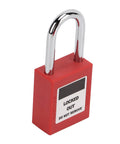Rock Solid Industrial Power Plug Lockout Safety Box With Heavy Duty Padlock that keeps 110V and 220V cables secured in red.