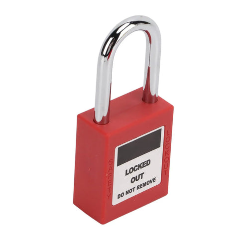 Rock Solid Industrial Power Plug Lockout Safety Box With Heavy Duty Padlock that keeps 110V and 220V cables secured in red.