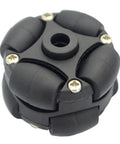 Omni wheel for robotics, 1.5 in (38 mm), black plastic with six roller segments and central axle hole.