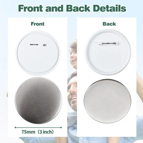 Front and back view of 75mm (3 inch) shiny metal covers for No Sweat Three Inch Button Maker Supplies Kit.