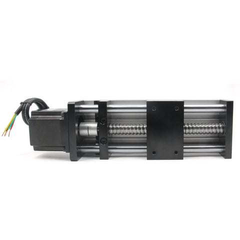 Side view of Beefy Pro Grade 100mm Travel Linear Rail Guide With Dual Optical Axis And SFU1605 Ballscrew Nema 23 Stepper Motor