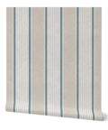 Rustic Victorian Matte Linen Wallpaper with beige and blue stripes, 2 feet by 27 feet, ideal for kitchens and bathrooms.