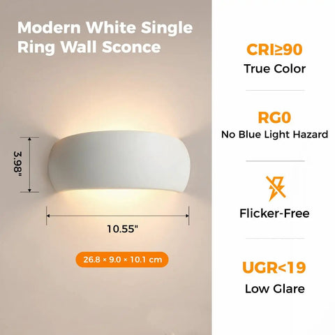 Ring Wall Sconce, Modern Minimalist LED Wall Light with PC Shade shown on wall with dimensions and specifications.