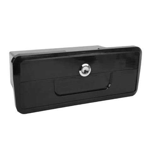 Front view of black plastic marine glove box with lock for boat console, built-in cup holder