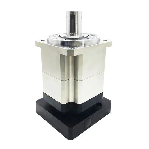 Beefy Helical Planetary Gearbox Motor Reducer For Three Phase Systems Fits Nema 42 And Nema 52 Steppers And Servos 1KW To 3KW 100mm 110mm 130mm 180mm Sizes Yellow Finish Speed Ratio 70 To 1 Ultra Smooth Torque. Silver gearbox with black base, top shaft, and square housing
