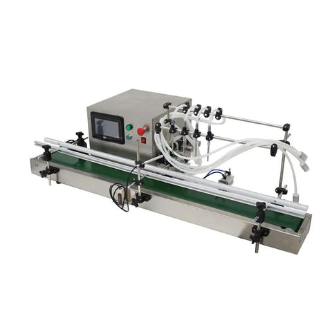 No Fuss High Performance Desktop Automatic Liquid Filling Machine With Pneumatic Conveyor And Four Head Magnetic Pump Adjustable 10 1000 ML Capacity slick stainless steel design.