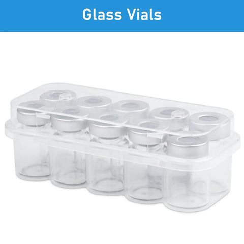 Front view of ten 5ml glass vials in a clear plastic rack with metal caps