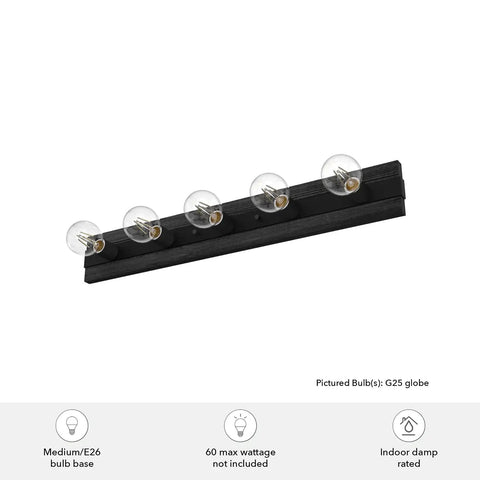 Donelson Vanity Light In Natural Iron Finish, five-light fixture with clear bulb display, steel and aluminum construction.
