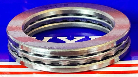 51110 Thrust Bearing 50x70x14mm chrome steel, side view of thrust ball bearing, shows layered structure on branded surface