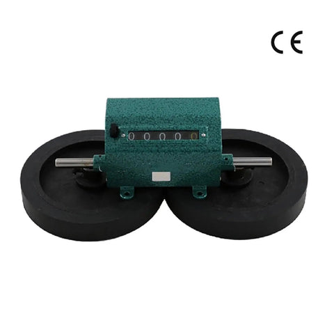 Rolling Wheel Length Counter For Yard And Construction Stainless Steel Distance Tracker With Reset Dial, top view showing large rubber wheels and mechanical counter.