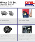 Front view of Drill America 29-piece heavy-duty high-speed steel drill bit set in a round black-and-gold case