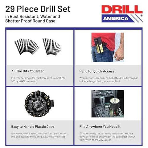 Front view of Drill America 29-piece heavy-duty high-speed steel drill bit set in a round black-and-gold case