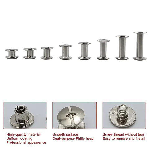 Top Shelf Nickel Plated Chicago Screws, 110 Piece Assorted Kit With 8 Smooth Round Flat Heads, set of nickel plated screws in various lengths.