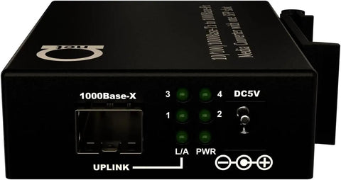 Close-up front view of Plug And Play Open SFP Slot DIN Rail Gigabit Ethernet Switch with visible ports and indicator lights.