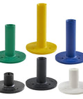 Premium Rubber Golf Tees Pack Of 6 For Drivers, Woods And Irons in green, yellow, blue, black, and white on white background.