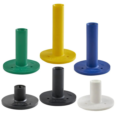 Premium Rubber Golf Tees Pack Of 6 For Drivers, Woods And Irons in green, yellow, blue, black, and white on white background.