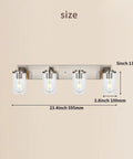 4 Light Brushed Nickel Bathroom Vanity Light Fixture With Seeded Glass Wall Sconce dimensions shown on beige background