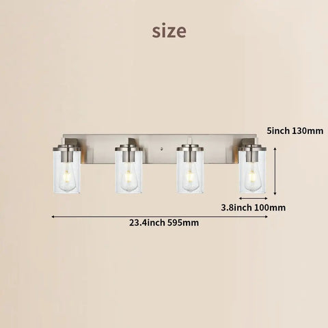 4 Light Brushed Nickel Bathroom Vanity Light Fixture With Seeded Glass Wall Sconce dimensions shown on beige background