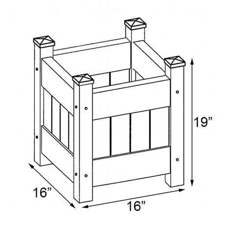 Maintenance Free Vinyl Outdoor Planter Box 16 Inch Square 19 Inch High With 2x2 Leg Supports And One Point Five By Four Rails Hardware Included Made In USA Stackable For Expanding Patio Garden Weather Resistant Construction For Year Round Outdoor Use, 16x16x19 in