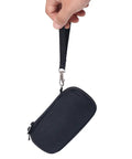 Hard EVA Protective Travel Case For Bosch Laser Distance Measure And Accessories, Built Tough With Double Stitch Oxford Exterior, Water Resistant Zipper, Custom Foam Fit, Keeps Your GLM Meters Safe On Job Sites And In Transit. Black wrist strap case with zipper