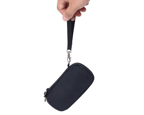Hard EVA Protective Travel Case For Bosch Laser Distance Measure And Accessories, Built Tough With Double Stitch Oxford Exterior, Water Resistant Zipper, Custom Foam Fit, Keeps Your GLM Meters Safe On Job Sites And In Transit. Black wrist strap case with zipper
