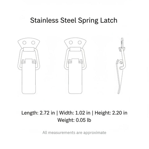 Diagram of Stainless Steel Spring Latch With Quick Action Draw Catch for toolboxes, cases; dimensions provided