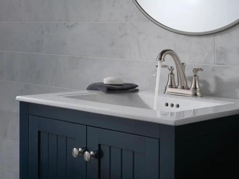 Woodhurst Centerset Brushed Nickel Dope Sleek Bathroom Faucet For 4-Inch 3-Hole Sinks With Metal Push-Pop Drain on vanity